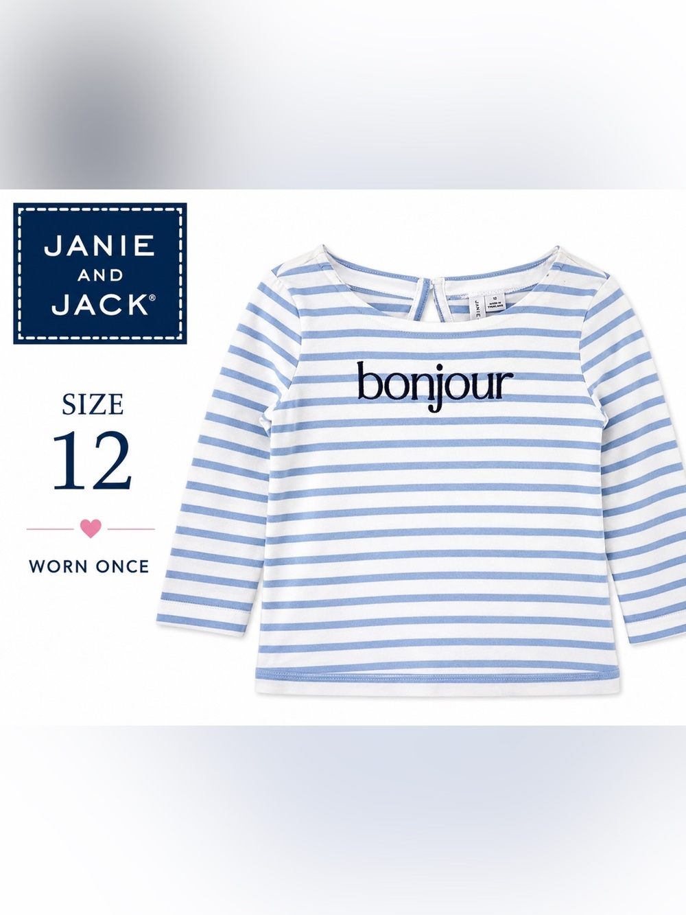 Janie and Jack Blue & White Striped 'bonjour' Long Sleeve Tee